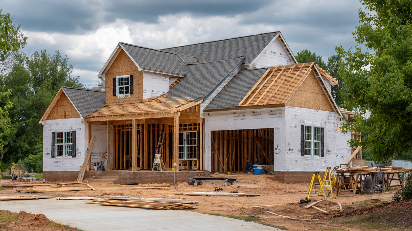 A partially framed residential construction site with an empty driveway and no workers, overcast sky, tools left on sawhorses