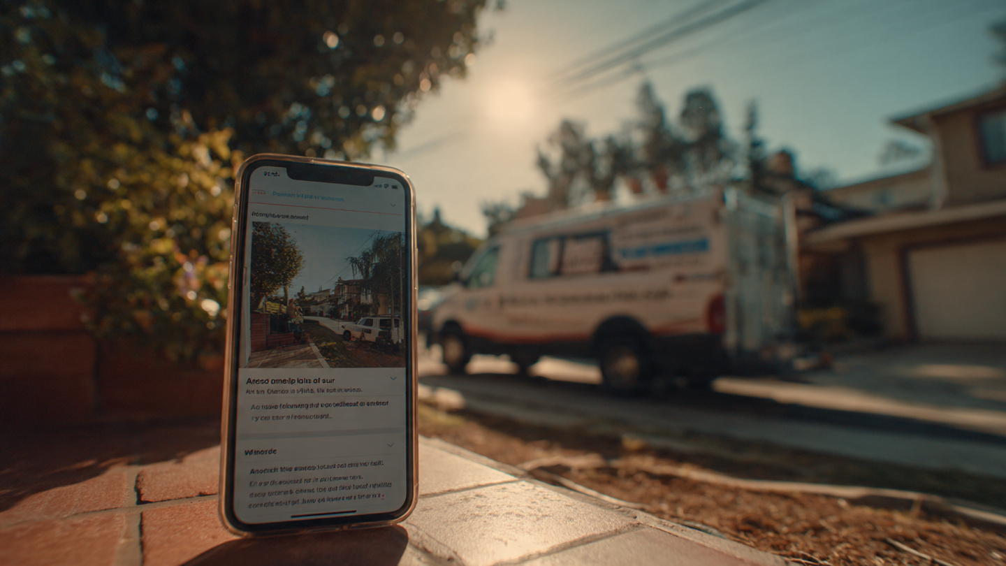 A phone showing AI contractor recommendation with franchise van outside a suburban house