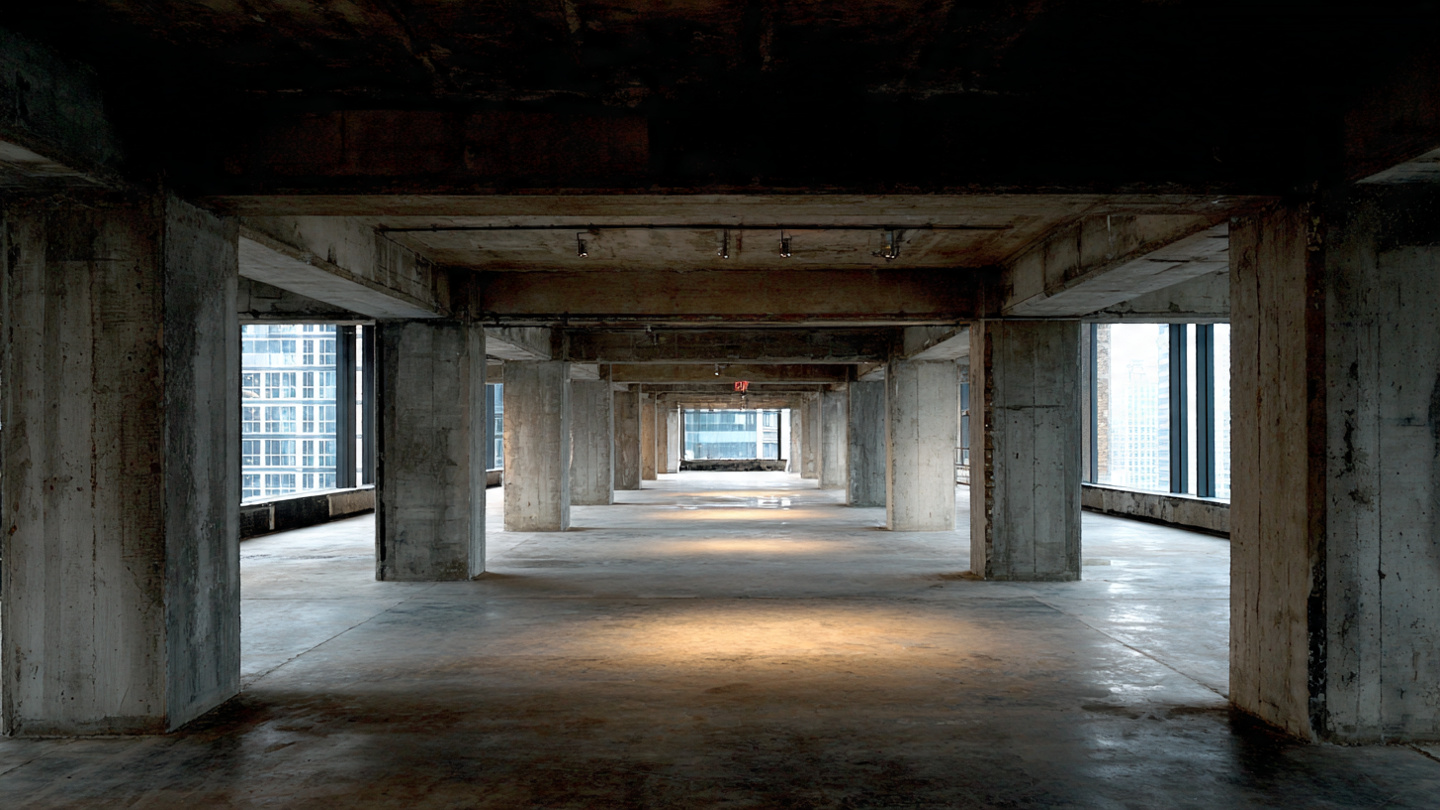 A vast, dim interior of a 1970s office building mid-conversion, exposed concrete columns receding into darkness at the center of a deep floor plate, with narrow bands of daylight visible only at the distant perimeter windows
