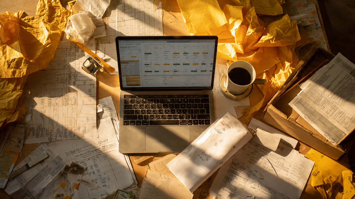 A cluttered construction office desk with a laptop showing a cost estimation dashboard, surrounded by crumpled paper estimates, a worn shoebox full of receipts, and a tape measure, golden hour light through a dusty window