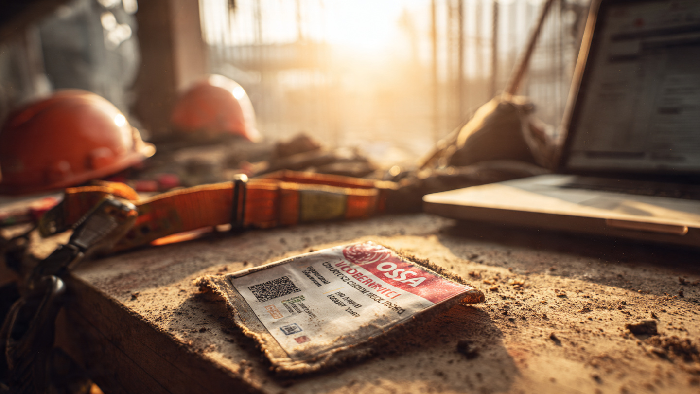 A worn OSHA training card lying on a plywood subfloor next to a carpenter's pencil and framing nails, shallow depth of field