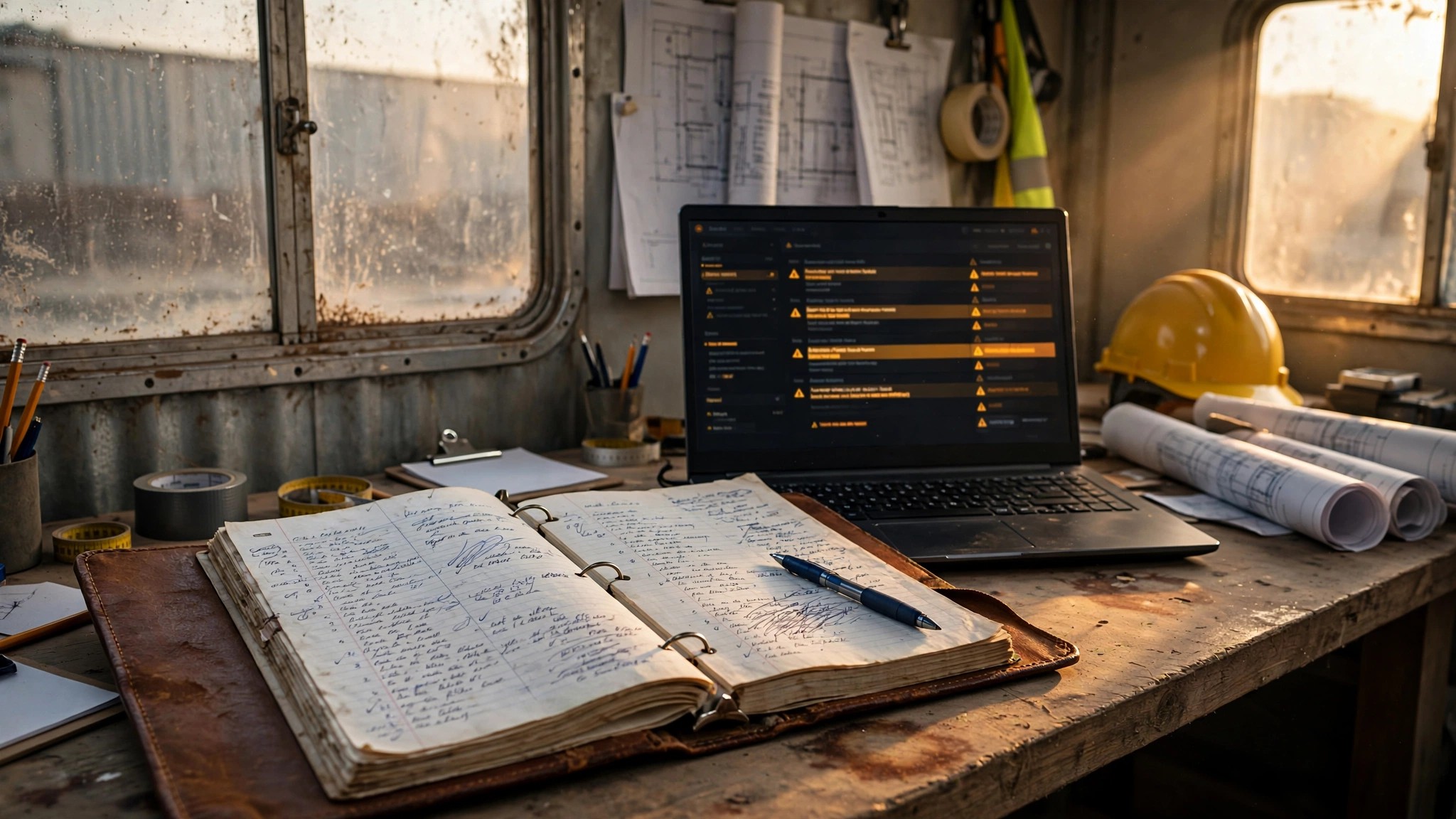 A weathered daily log binder open on a construction trailer desk, with a laptop screen beside it showing highlighted text patterns in a diary entry