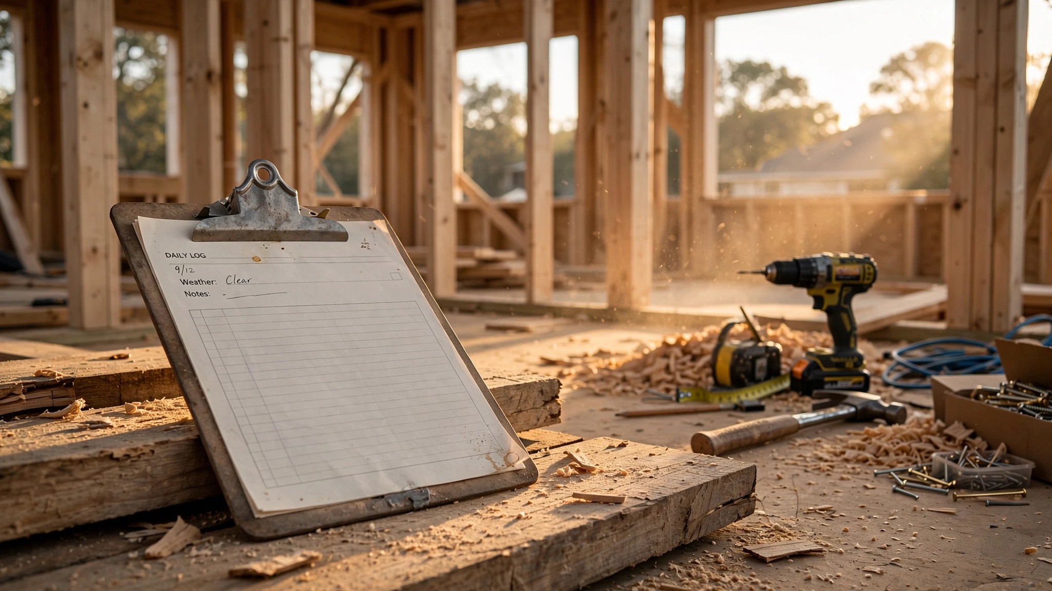 A clipboard with a sparse daily log on a residential construction site, sawdust and framing lumber visible in the background