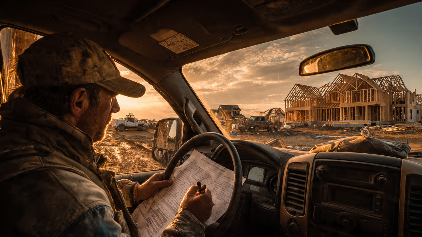 A superintendent sitting in a pickup truck at dusk, filling out a crumpled paper form on the steering wheel while a half-built residential framing project looms in the background