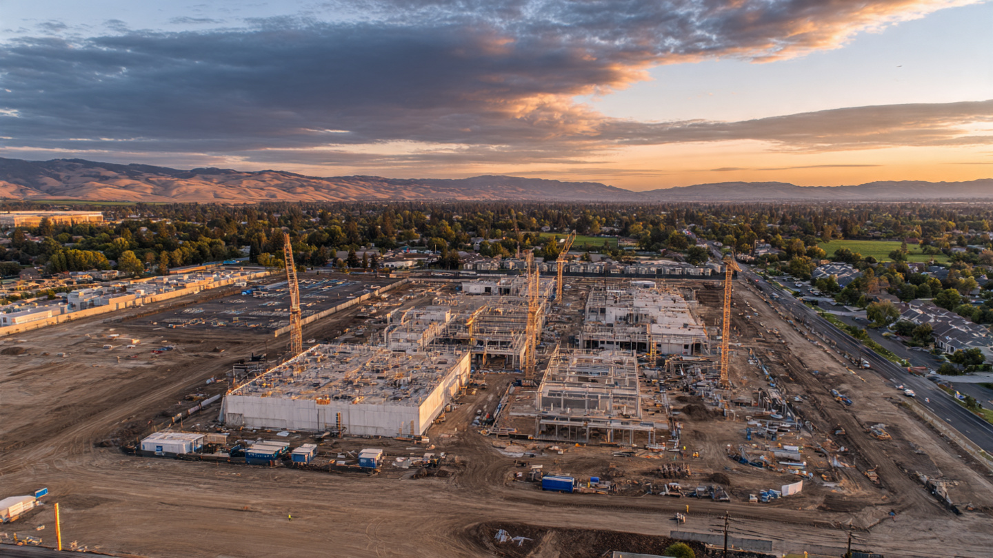 A half-framed residential construction site at dusk, foundation and first-floor walls visible but no workers present, orange hard hats sitting on a sawhorse, with a massive data center facility lit up brightly in the distant background across a flat landscape