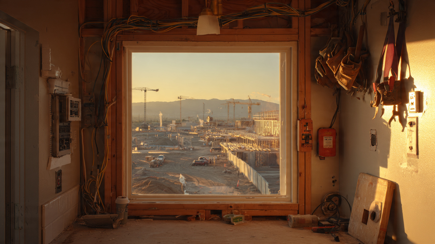 A residential construction site with an empty electrical panel, hard hats hanging unused on a framing stud, with a massive data center construction project visible in the background behind chain-link fencing