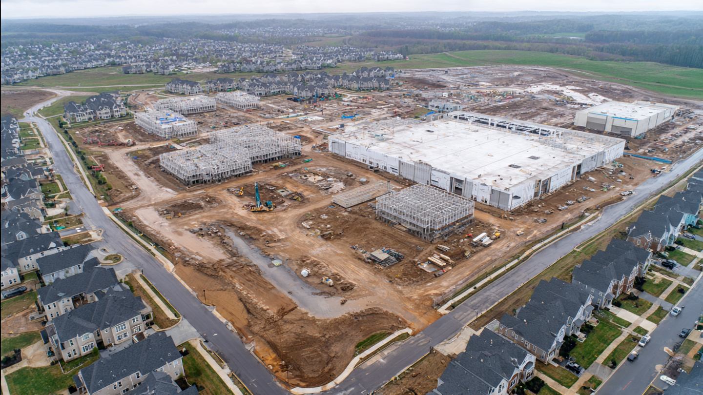 Empty residential construction site with hard hats left on sawhorses, a half-framed house in the background, and a massive data center complex visible on the horizon