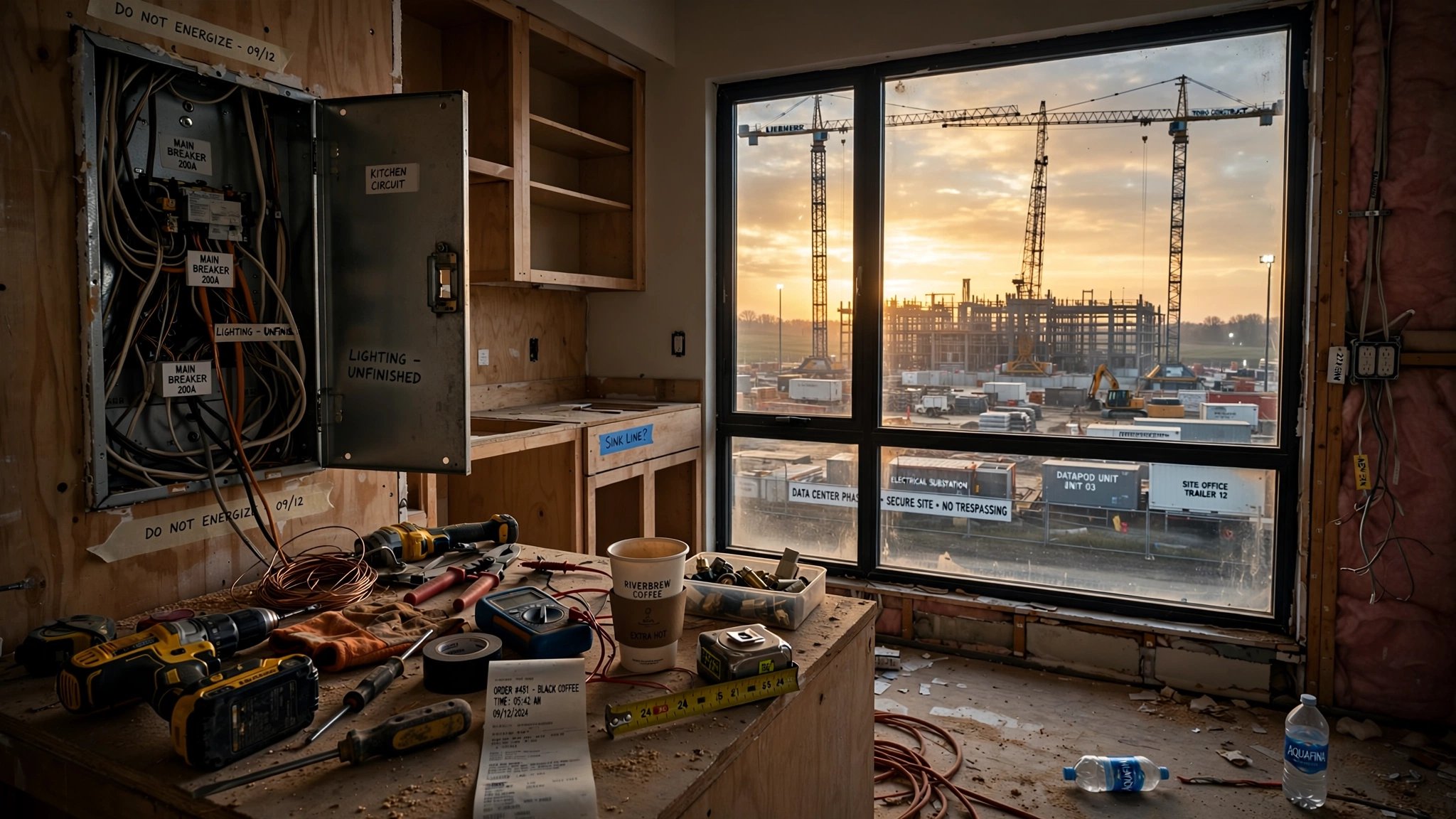 A half-wired residential kitchen with an open electrical panel, tools abandoned on the counter, visible through a window a massive data center under construction on the horizon with cranes silhouetted against dawn light