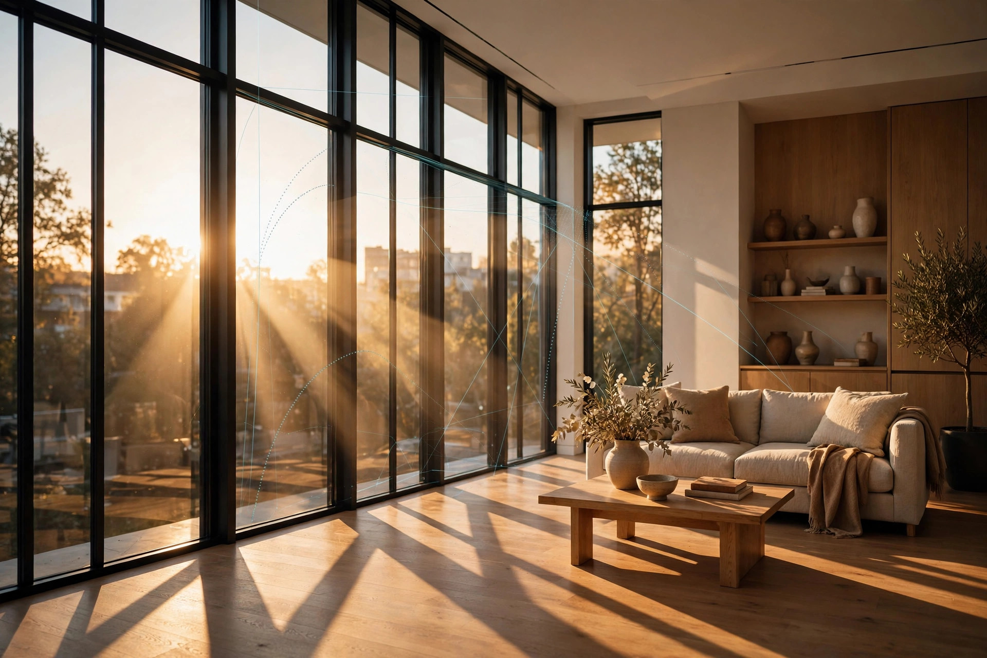Sunlight streaming through tall windows into a modern residential living room, sharp patterns of light and shadow across wood floors, warm late-afternoon glow