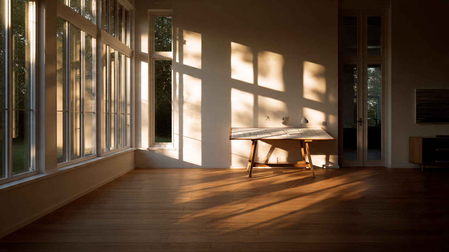 Warm afternoon light streaming through a tall, precisely placed window into a modern residential living room, casting long geometric shadows across a hardwood floor