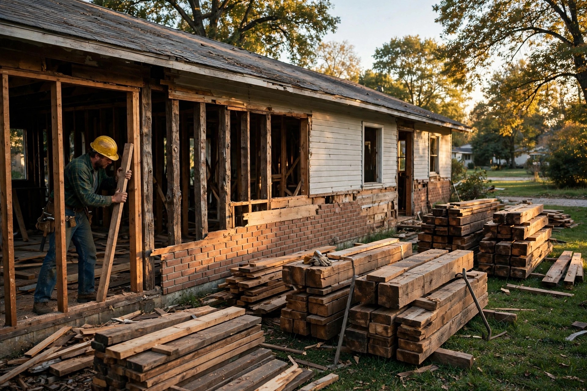 Worker carefully removing intact wooden wall studs during a house deconstruction, with neatly stacked salvaged lumber beams on the lawn in warm afternoon light