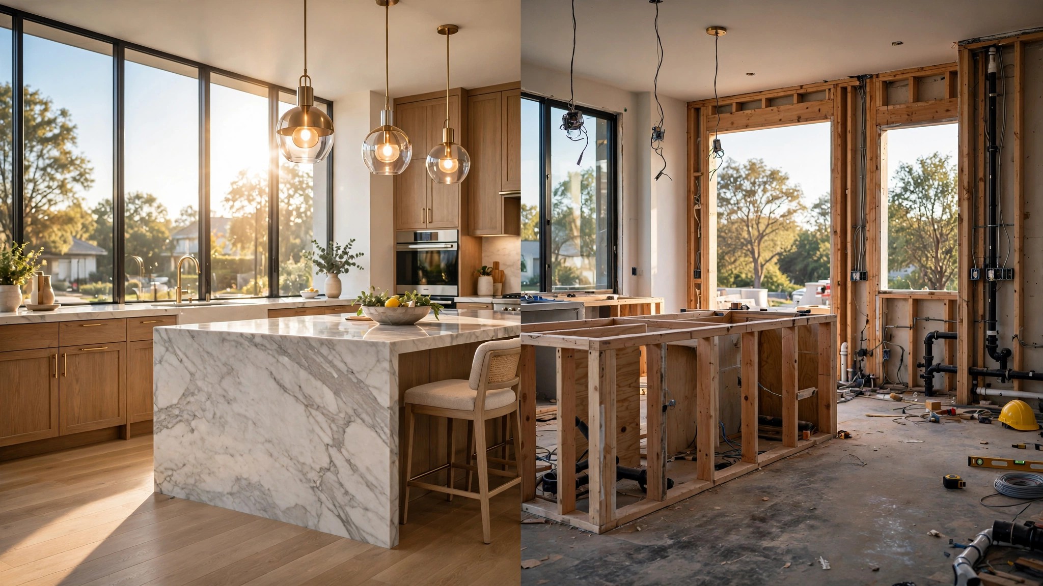 A split-view showing a polished AI-generated kitchen render on the left and the same space under actual construction on the right, with exposed framing, ductwork, and electrical conduit visible where walls should be