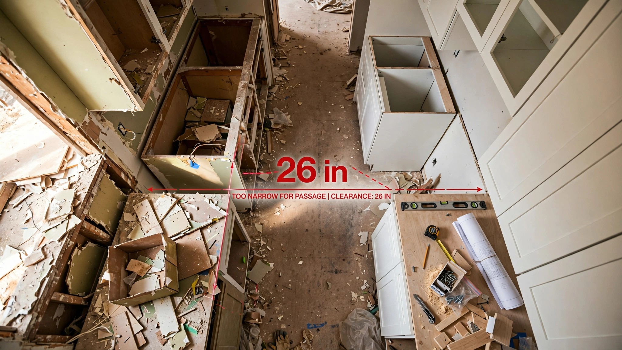 A photorealistic AI-rendered kitchen with impossibly narrow counter clearance, overlaid with a faint red measurement line showing 26 inches where code requires 36.