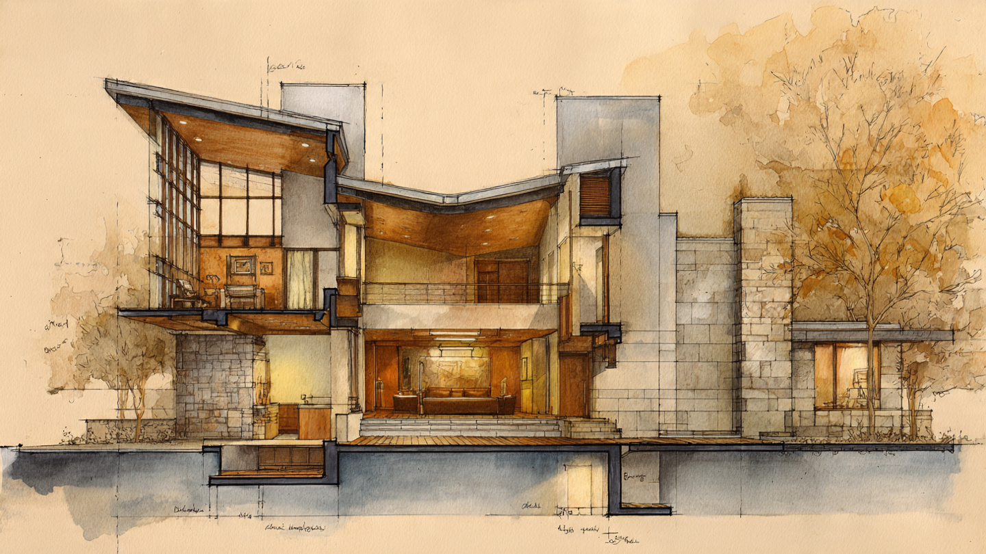 A dramatic architectural section drawing of a residential home showing varied ceiling heights