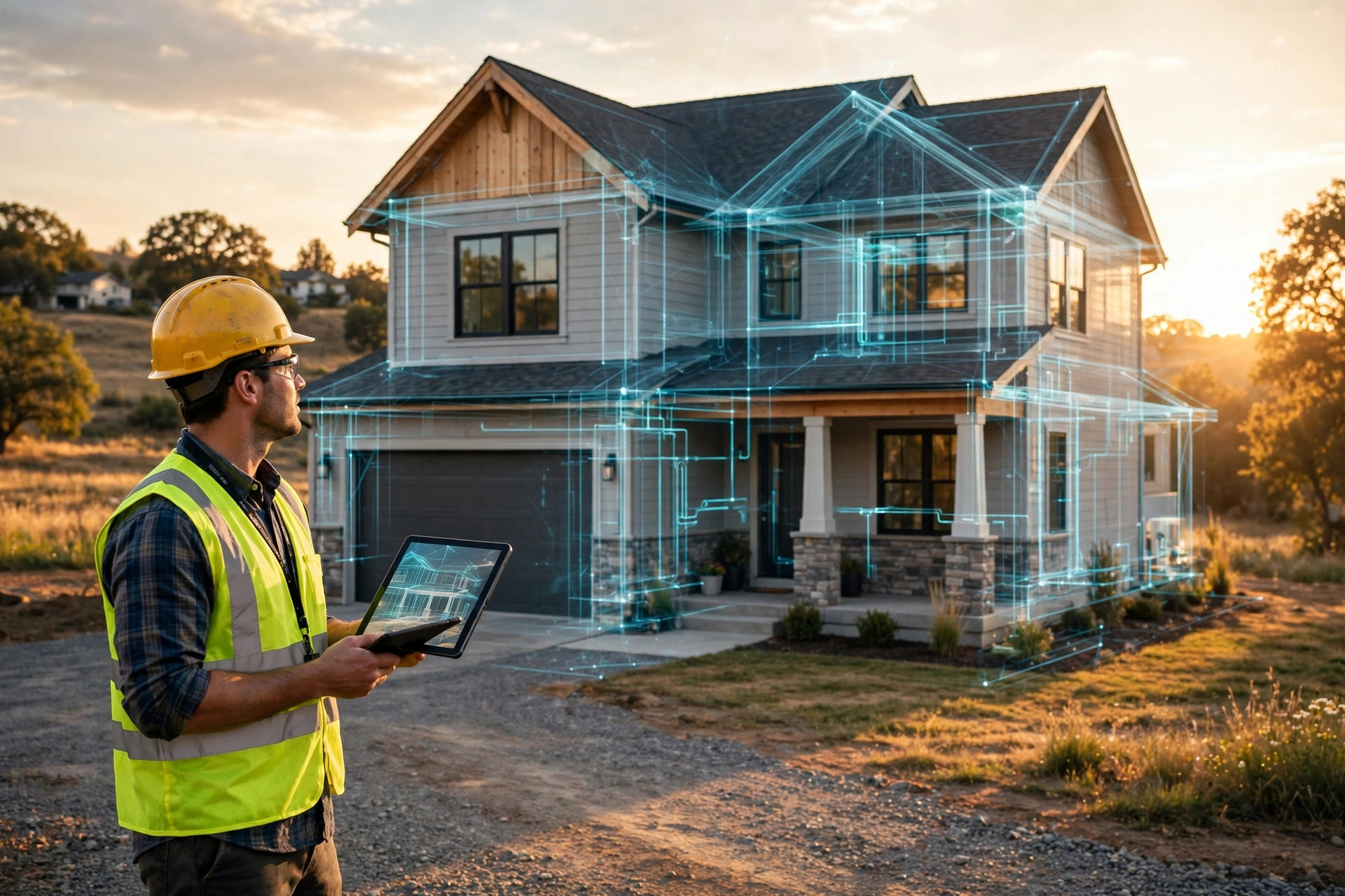 Superintendent holding a tablet on a residential job site at golden hour, a finished suburban home behind him, translucent digital wireframe layers overlaying the house showing its documented construction data