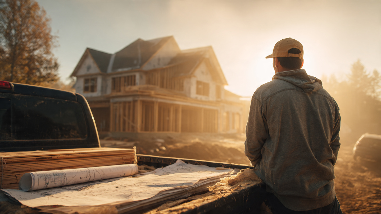A contractor leaning against a truck tailgate reviewing a thin set of architectural drawings in early morning light, with a partially framed custom home in the background