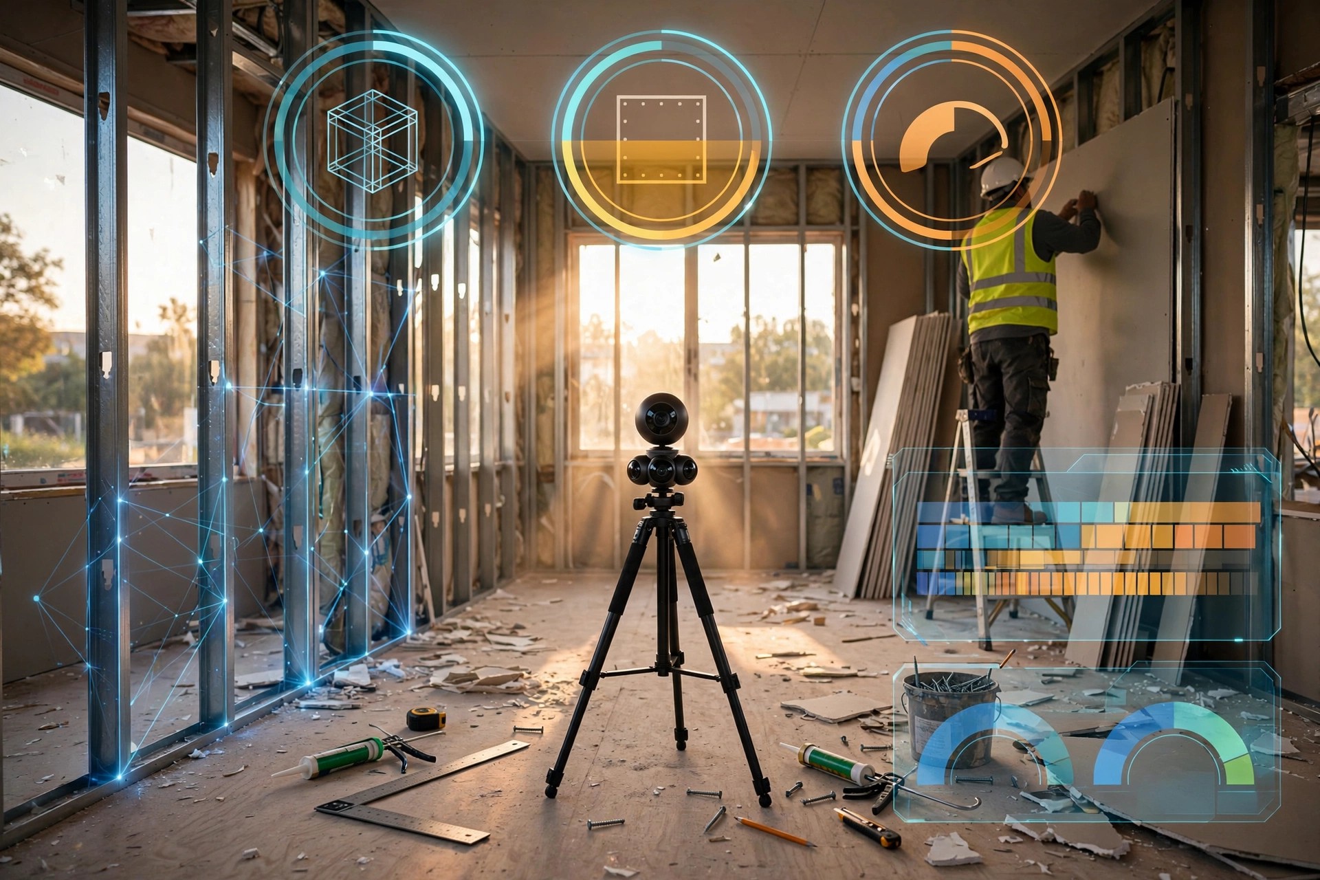 360-degree camera on tripod in framed house with drywall installation progress and AI cost code overlay visualization