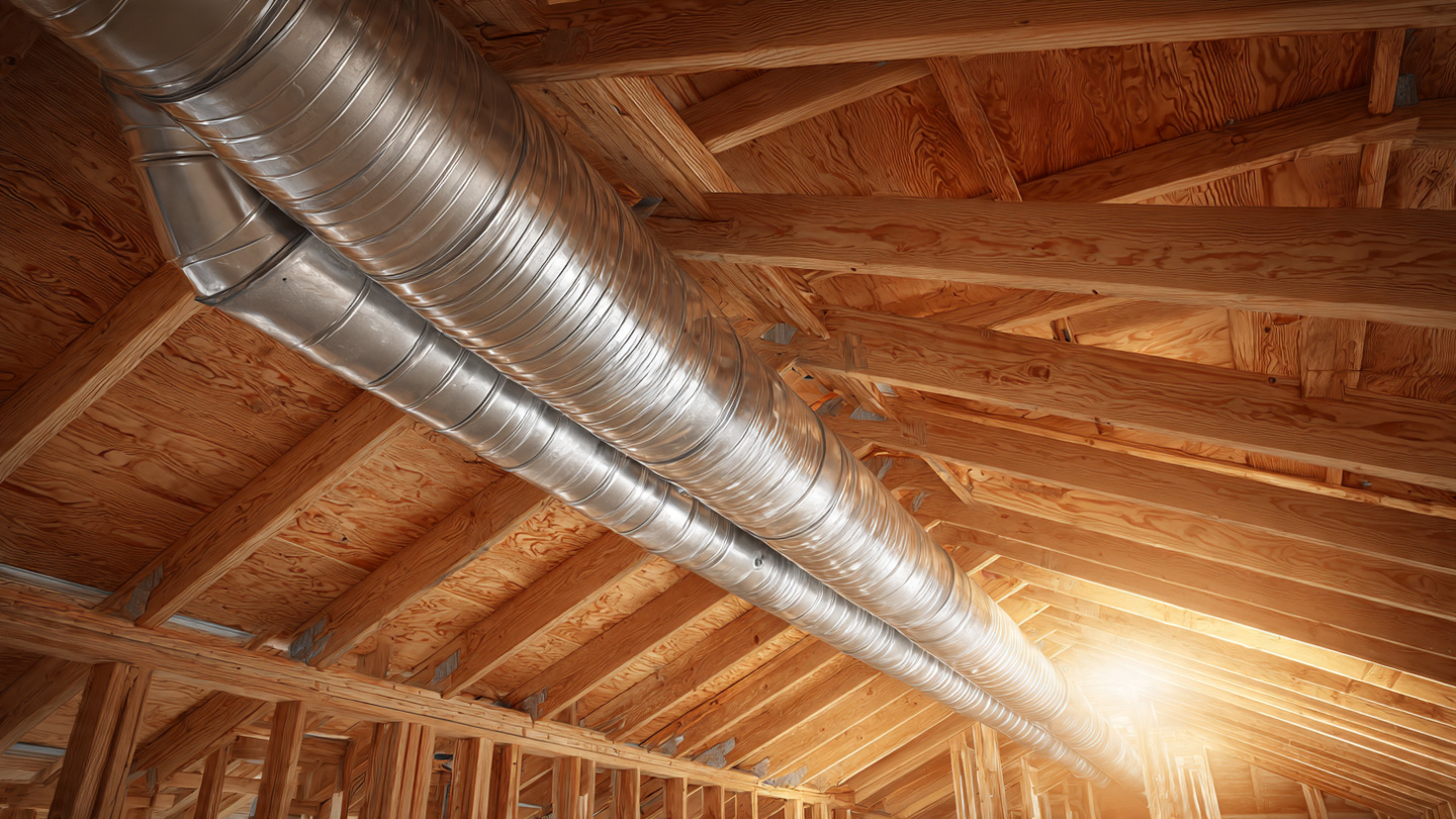 Exposed HVAC ductwork in an unfinished residential attic, silver flex ducts connecting to rigid trunk lines, morning light through roof trusses