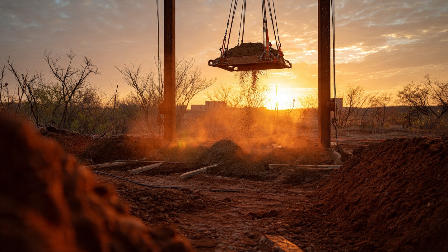 A cable-driven construction robot suspended from a gantry placing thick clay material onto an earth wall under warm Texas sunlight, with reddish-brown adobe walls rising from the ground