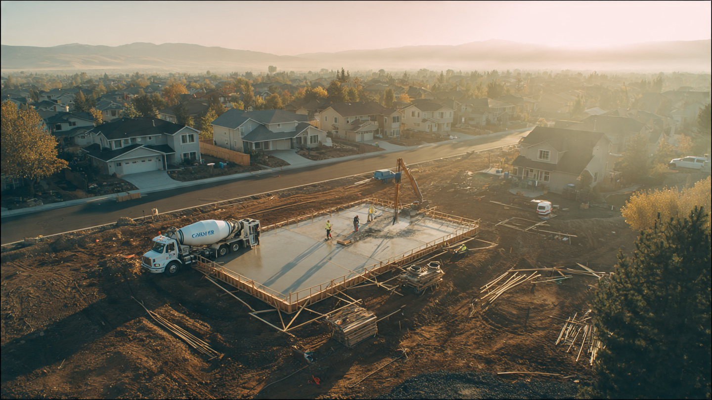 Aerial view of a concrete foundation pour on a residential construction site with CO2 visualization overlay rising from the wet concrete