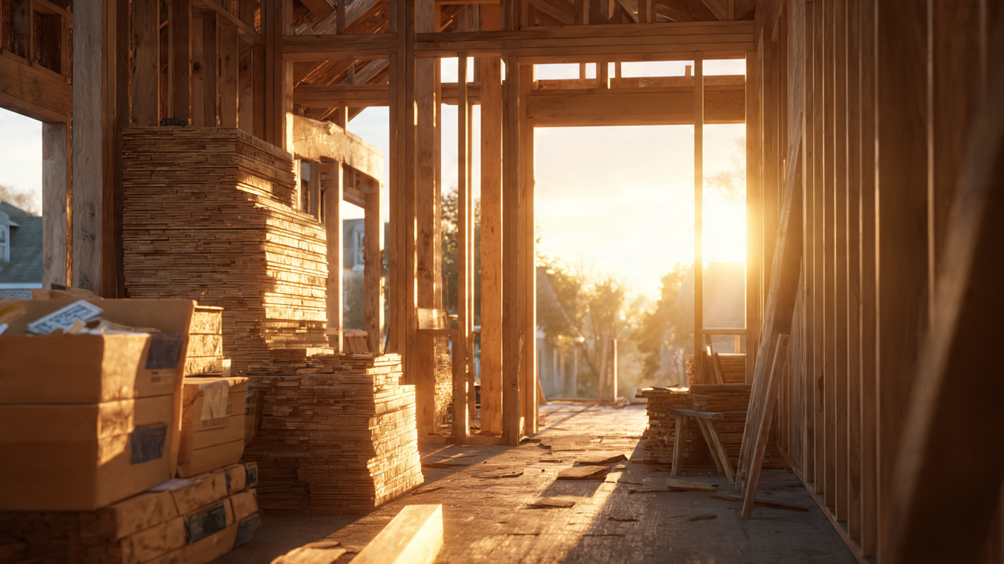 A residential construction site at dawn with exposed framing and stacked lumber, morning light filtering through open wall cavities, a clipboard with material invoices lying on a sawhorse but no environmental data visible