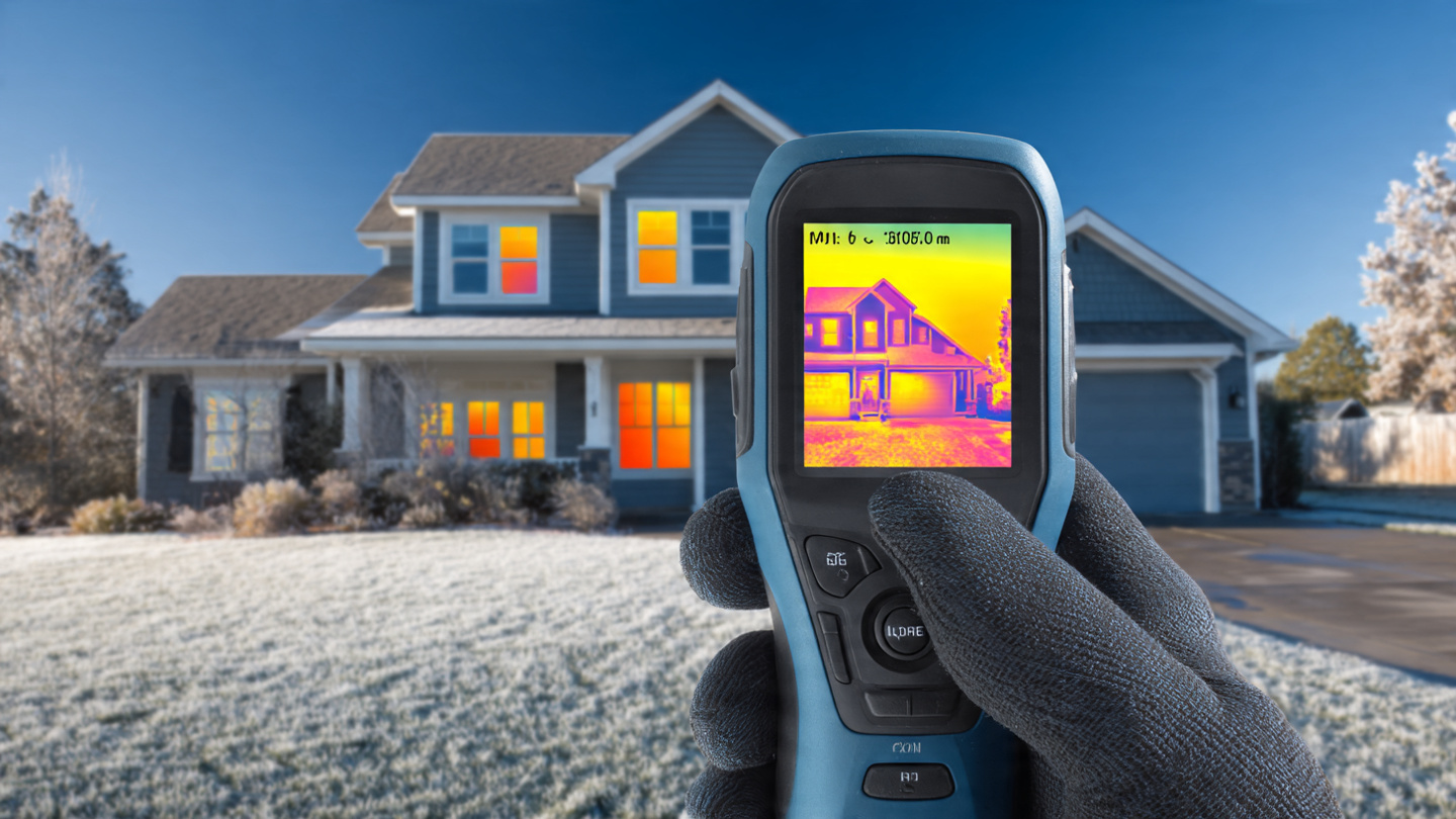 A thermal imaging camera display showing a house facade with heat loss visible as orange patches around windows and roofline