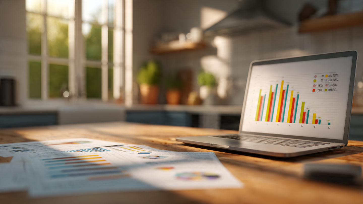 A split-screen image of a laptop showing an energy simulation with green savings projections on the left, and a kitchen counter with a utility bill showing a much smaller savings amount on the right, warm afternoon light through a window