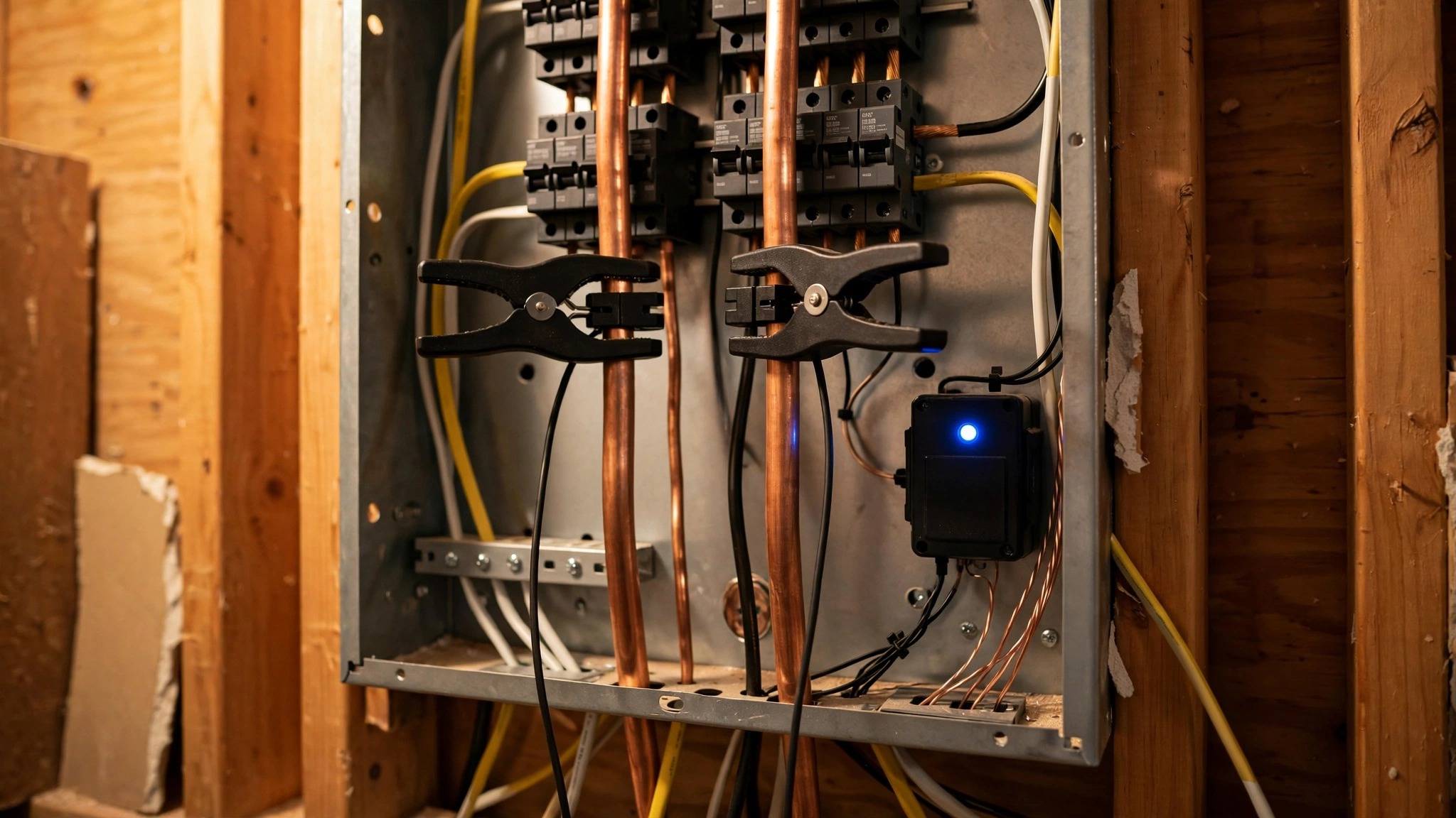 A residential electrical panel with two current transformer clamps around the main service wires, a small monitoring device mounted inside the panel, blue LED glowing, with typical Romex wiring visible in background