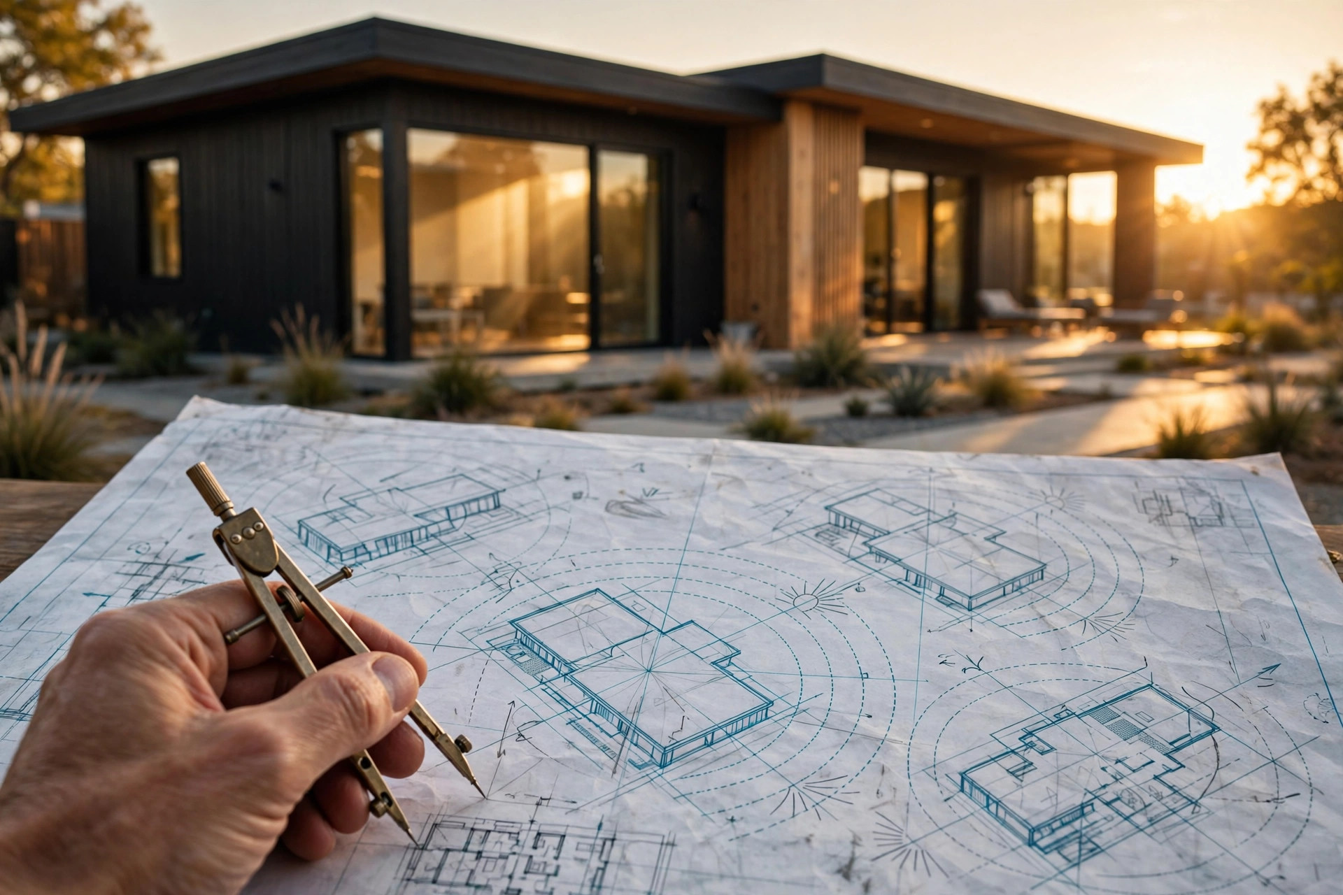 Modern house at golden hour with sunlight streaming through south-facing windows, overlaid with architectural sun-path diagrams and a drafting compass