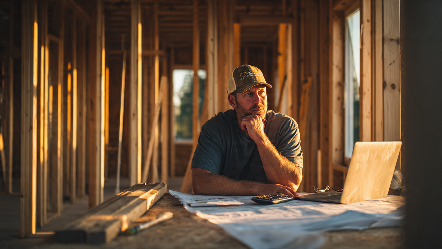 A contractor sitting at a folding table on a half-framed residential construction site, laptop open next to hand-drawn plans and a calculator, staring at numbers that do not match