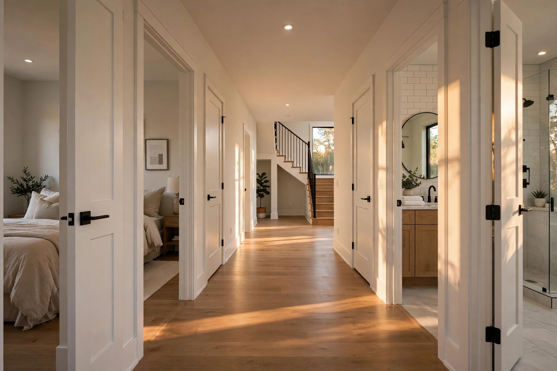 Long sunlit hallway in a newly built home, with bedroom doors and a bathroom opening off both sides and a staircase visible at the far end
