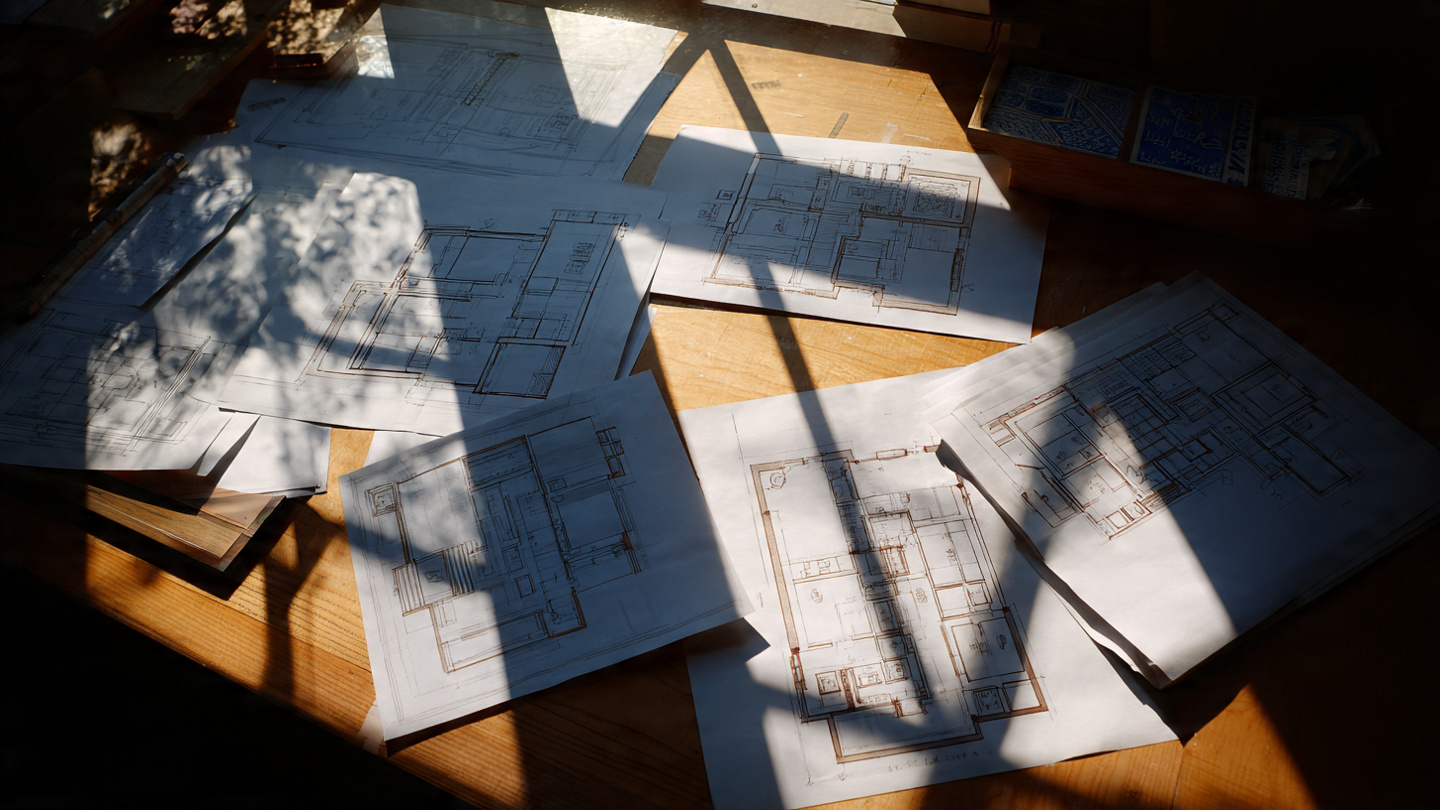 Architectural floor plan drawings scattered on a sunlit drafting table, with sharp morning light cutting diagonally across the blueprints, casting shadows from window mullions onto the paper