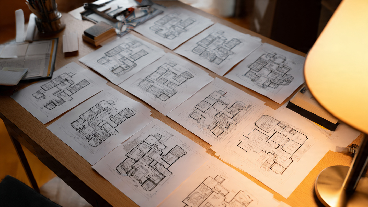 A grid of twelve nearly identical apartment floor plans generated by AI, arranged on an architect's drafting table next to a hand-drawn single-family home plan that looks nothing like any of them, warm overhead light, shallow depth of field