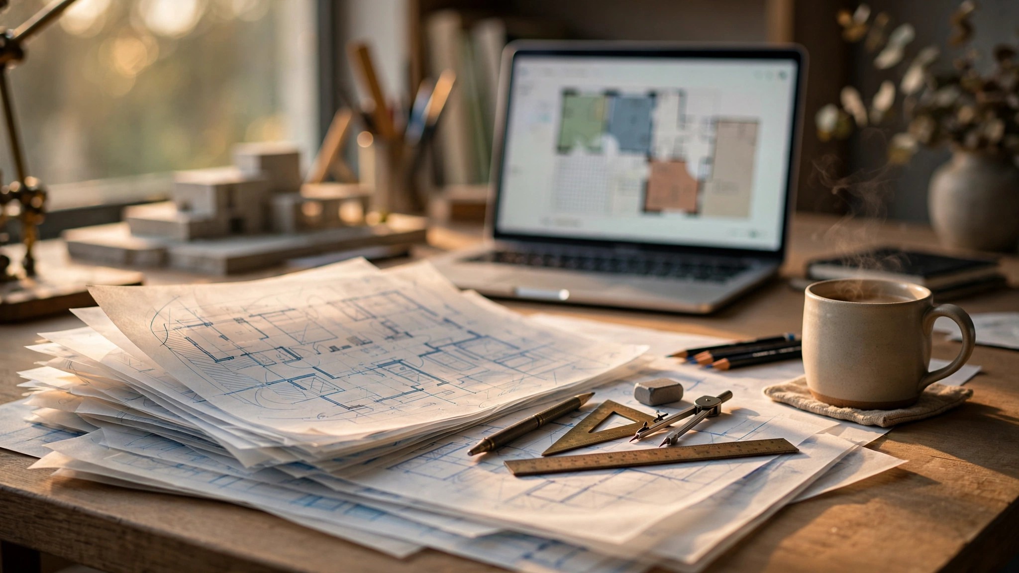 An architect's studio table covered with hand-sketched floor plan iterations on trace paper, next to a laptop screen showing an AI-generated floor plan with room dimensions and adjacency arrows