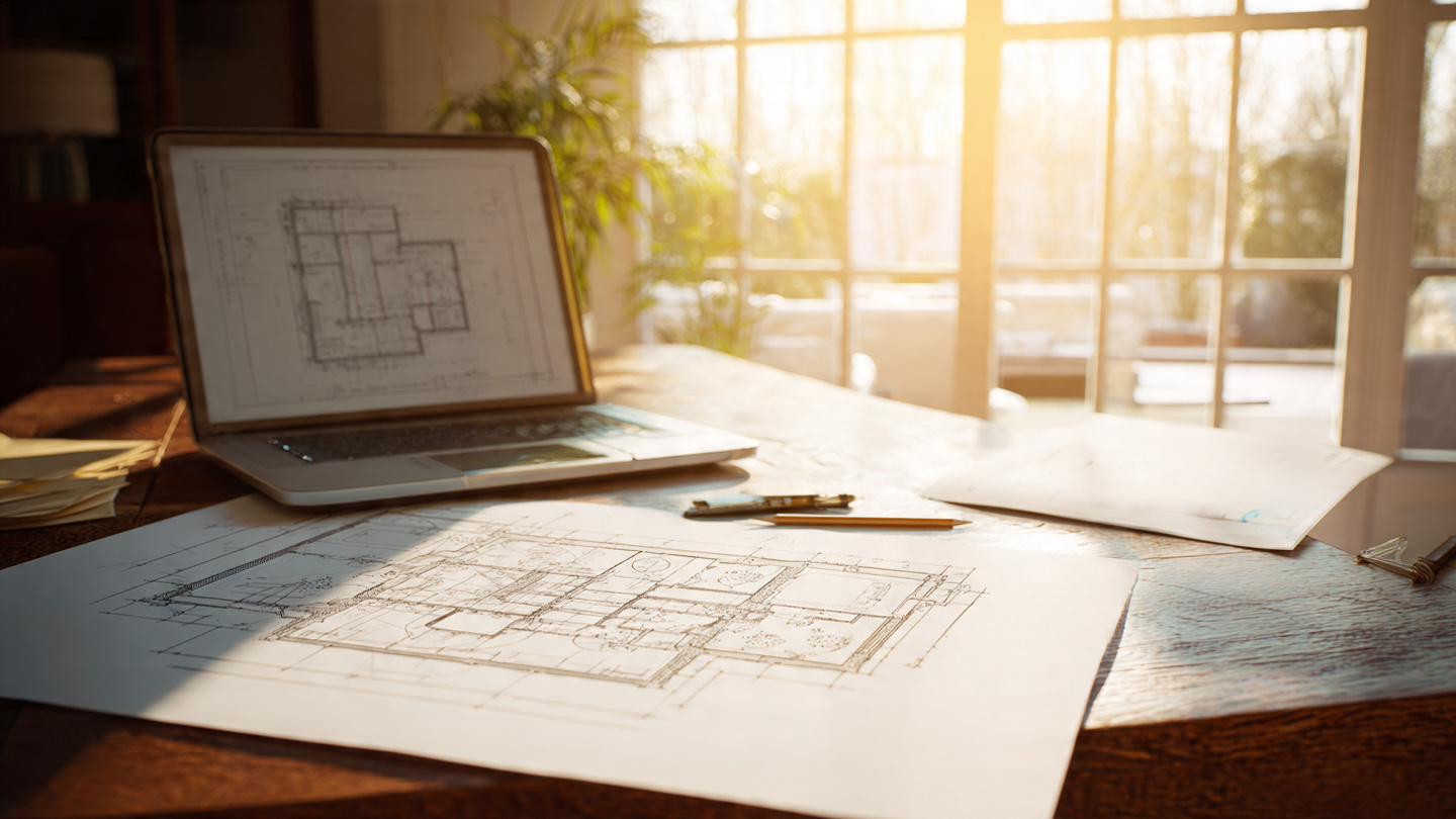 Architect's desk with hand-drawn floor plan next to a laptop showing an AI-generated layout