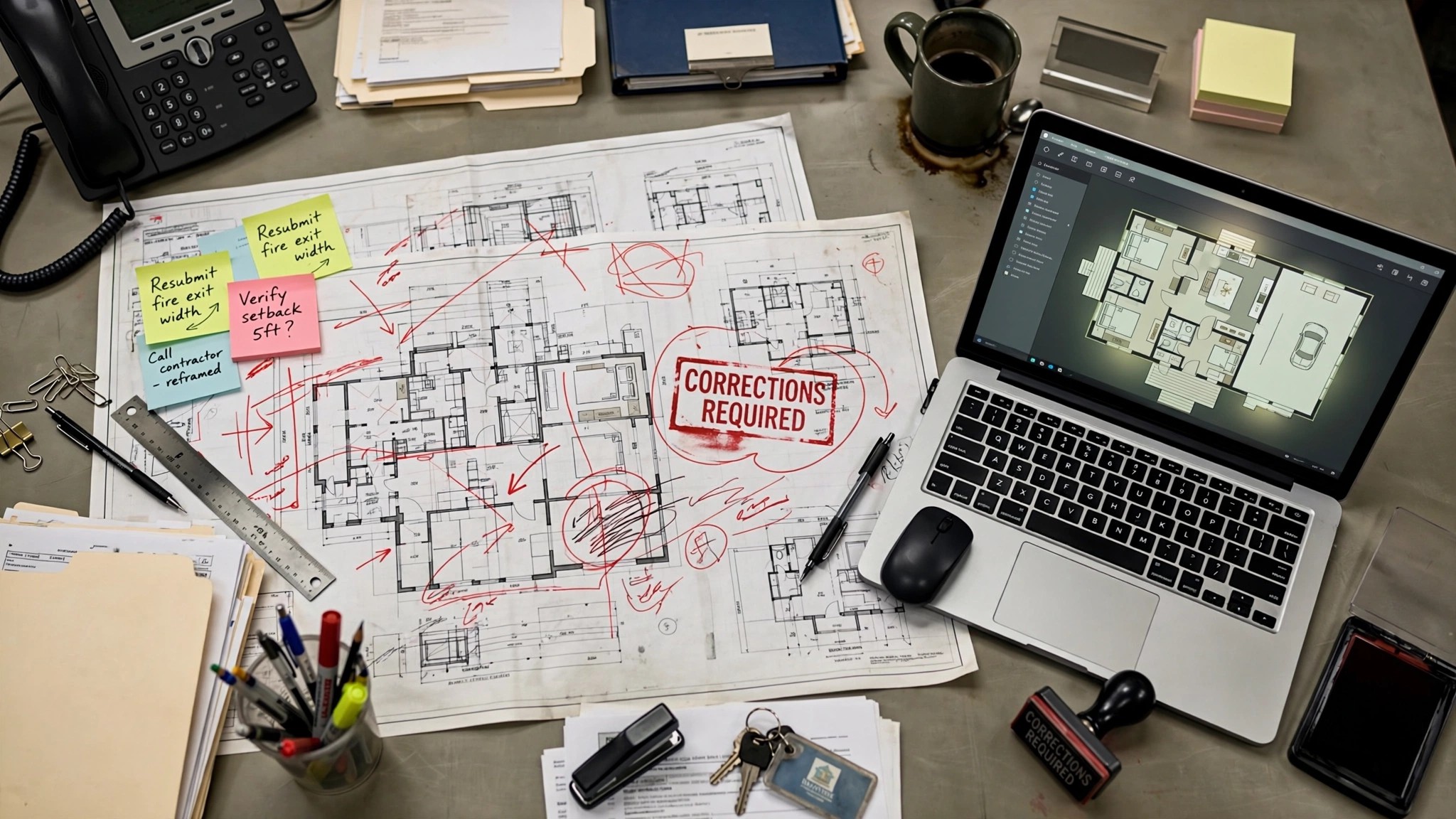 Architectural blueprints with red correction marks scattered across a drafting table, a laptop showing an AI-generated floor plan glowing beside them