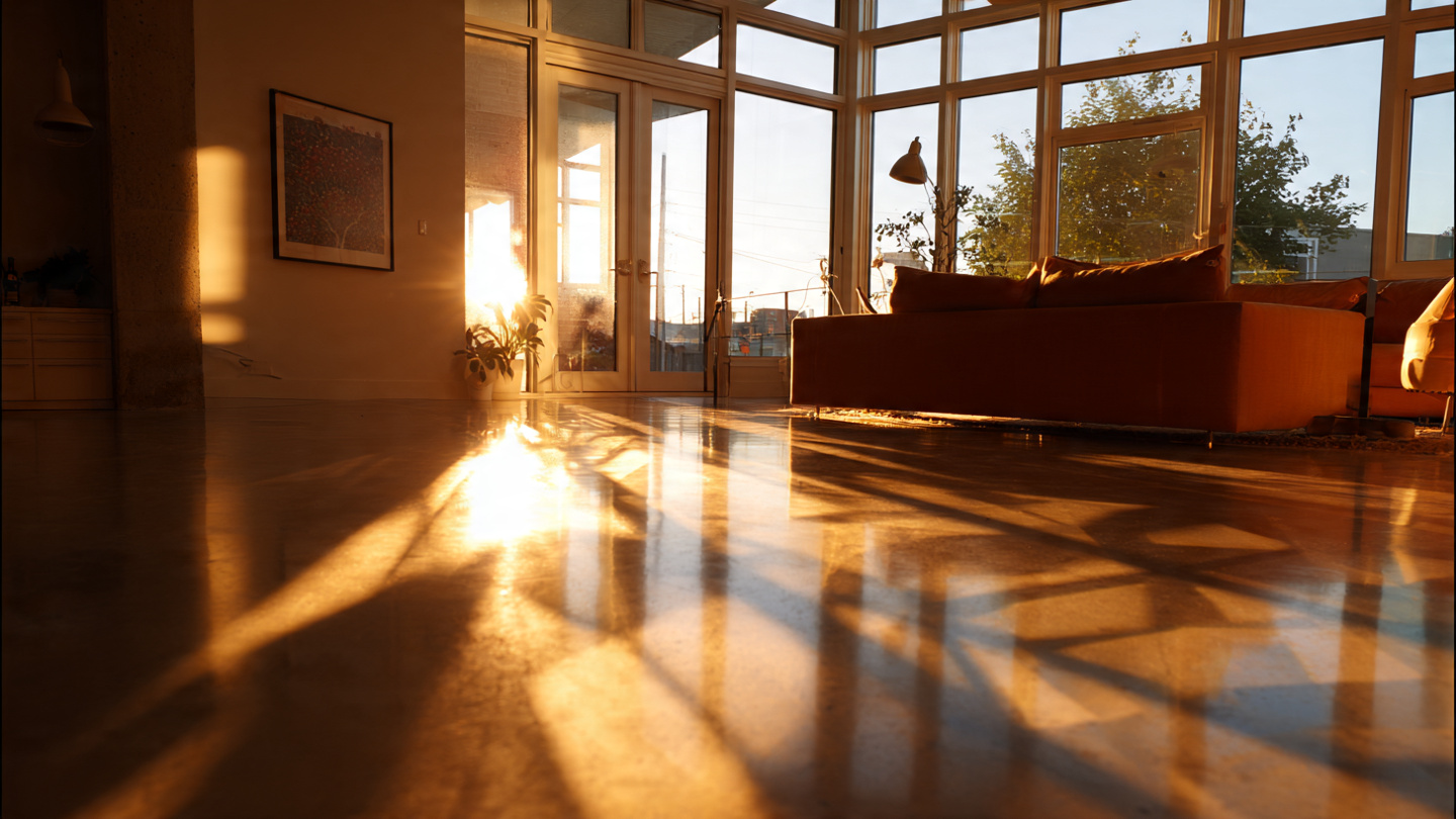 Morning sunlight streaming through floor-to-ceiling windows into an empty modern residential room, casting long geometric shadows across a concrete floor