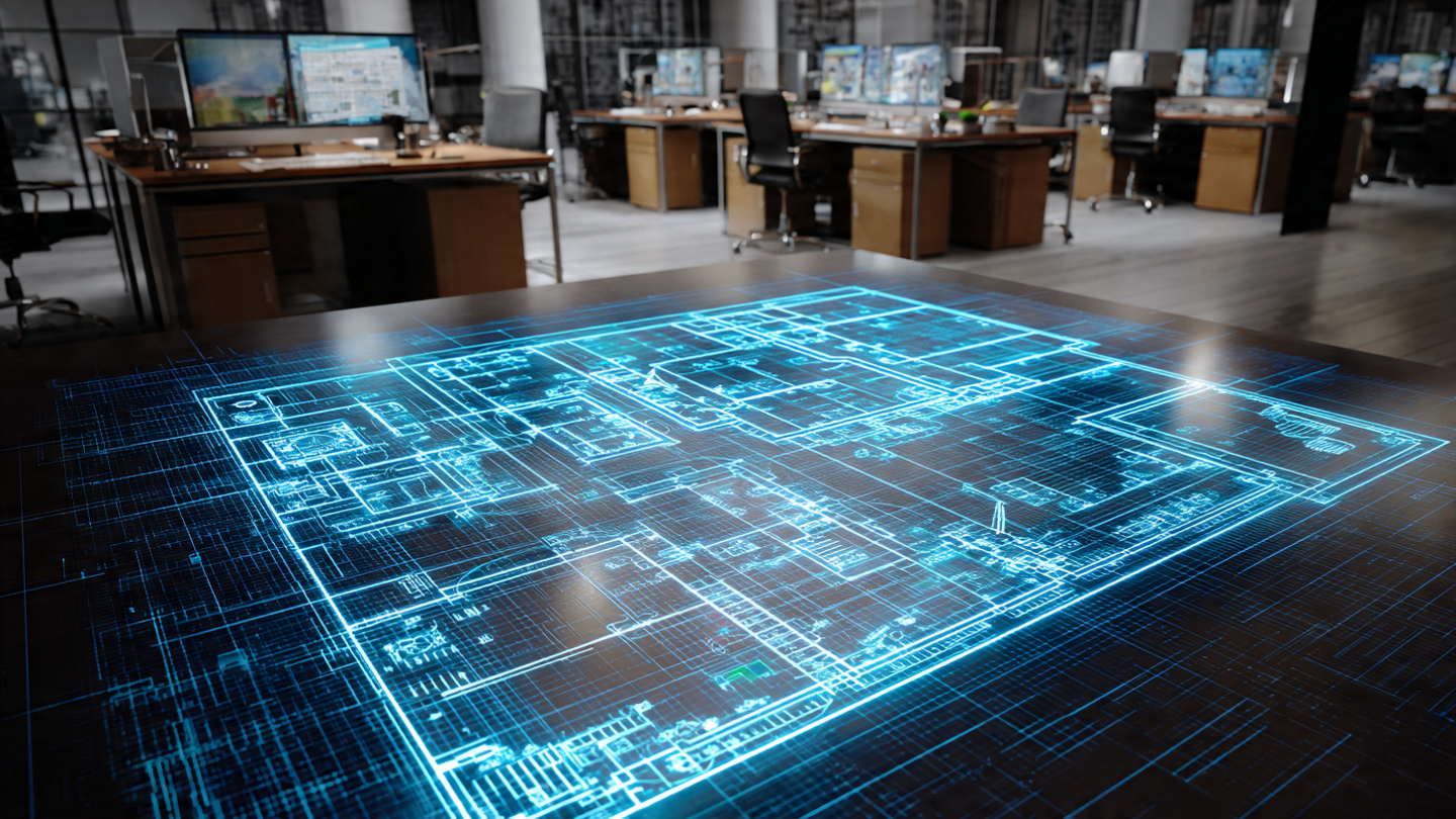 Architectural floor plan overlaid with digital grid showing AI-generated room layouts with highlighted circulation paths