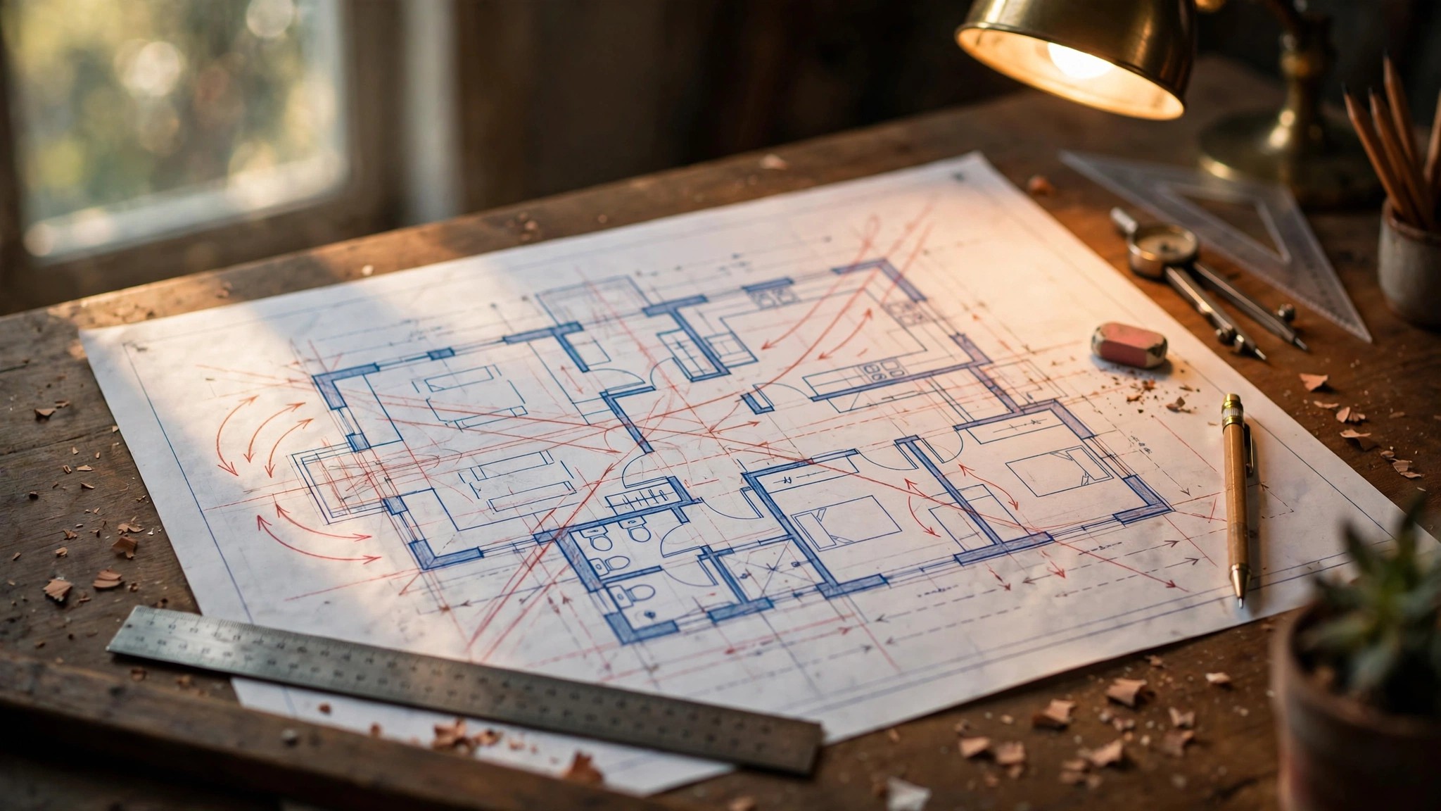 An architectural floor plan drawing on a light table with pencil annotations showing sightlines and circulation paths through a residential layout