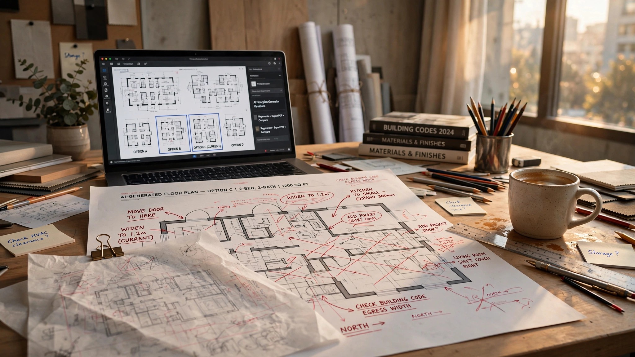 A split view showing an AI-generated floor plan on a glowing screen next to a real architect's hand-drawn sketch with red markup annotations and corrections on tracing paper