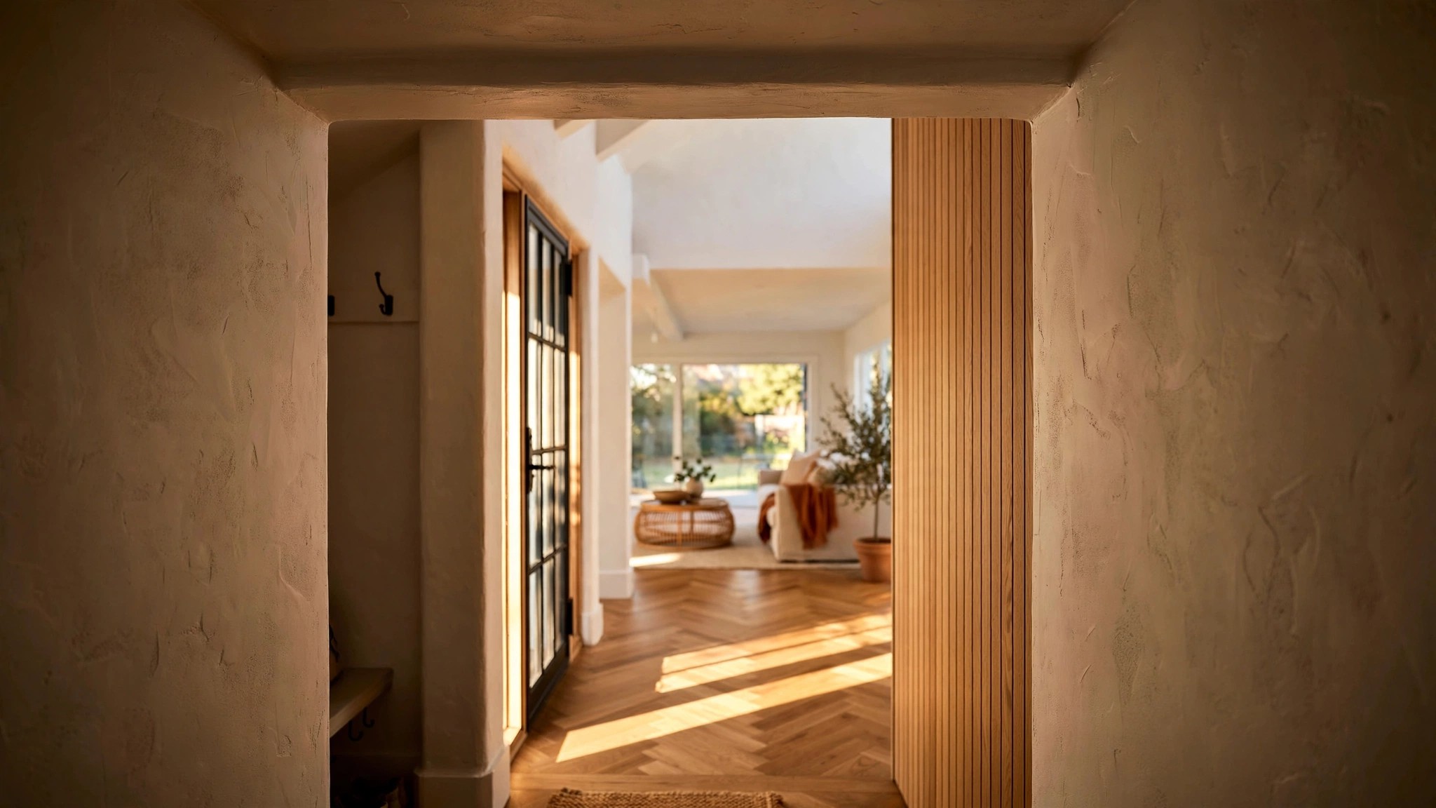 A residential hallway with warm light transitioning from a narrow entry vestibule into an open living space, showing the moment of spatial compression before expansion