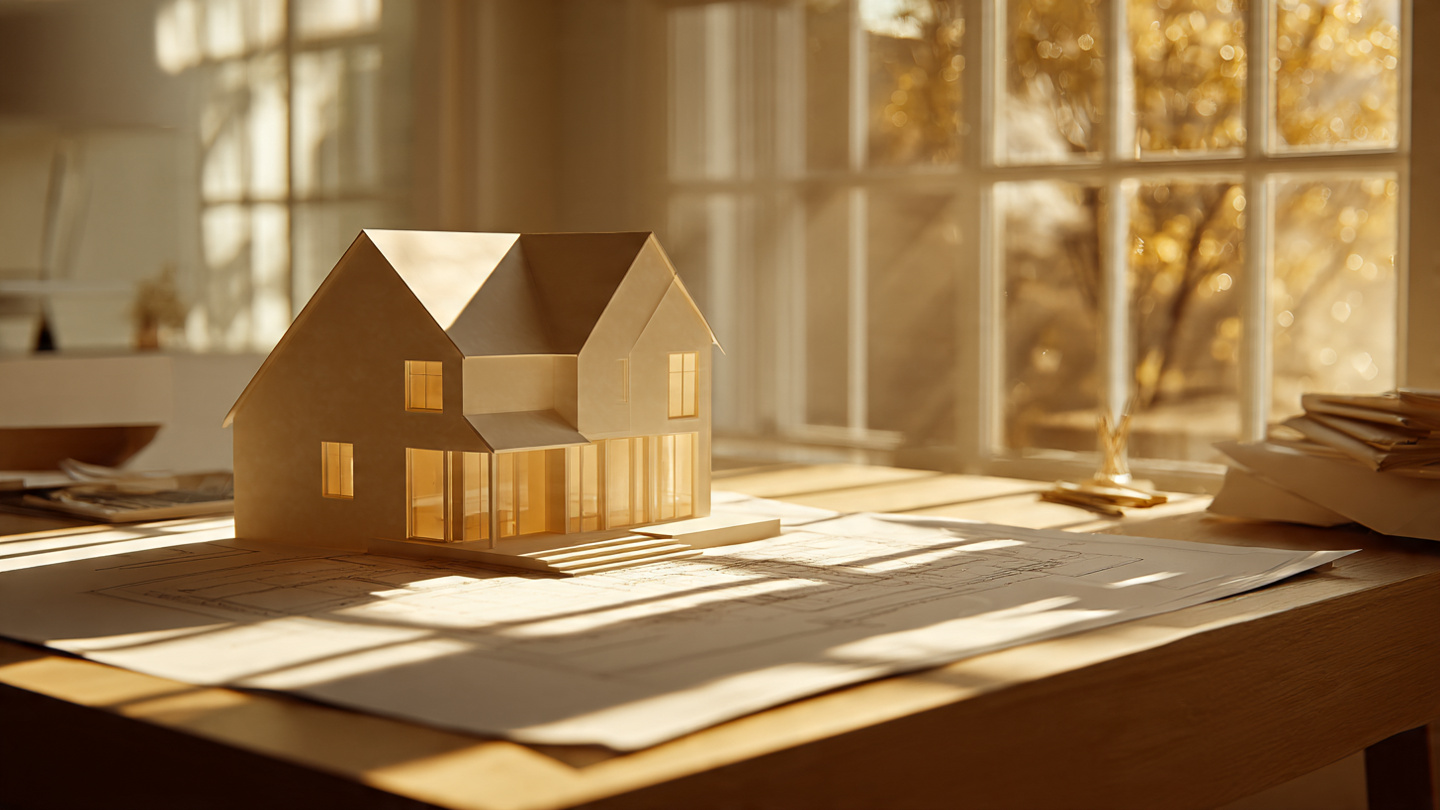 Architectural model of a modern house sitting on a drafting table, morning sunlight streaming through a window and casting long shadows across the floor plan blueprints underneath