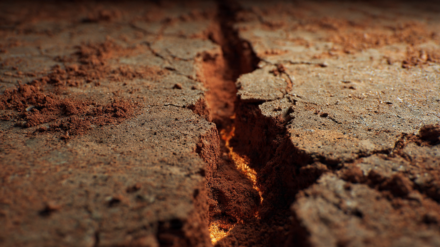 Fiber optic sensor pipe embedded beside a concrete foundation in clay soil, with a soft orange glow from the FBG array visible through the translucent PVC