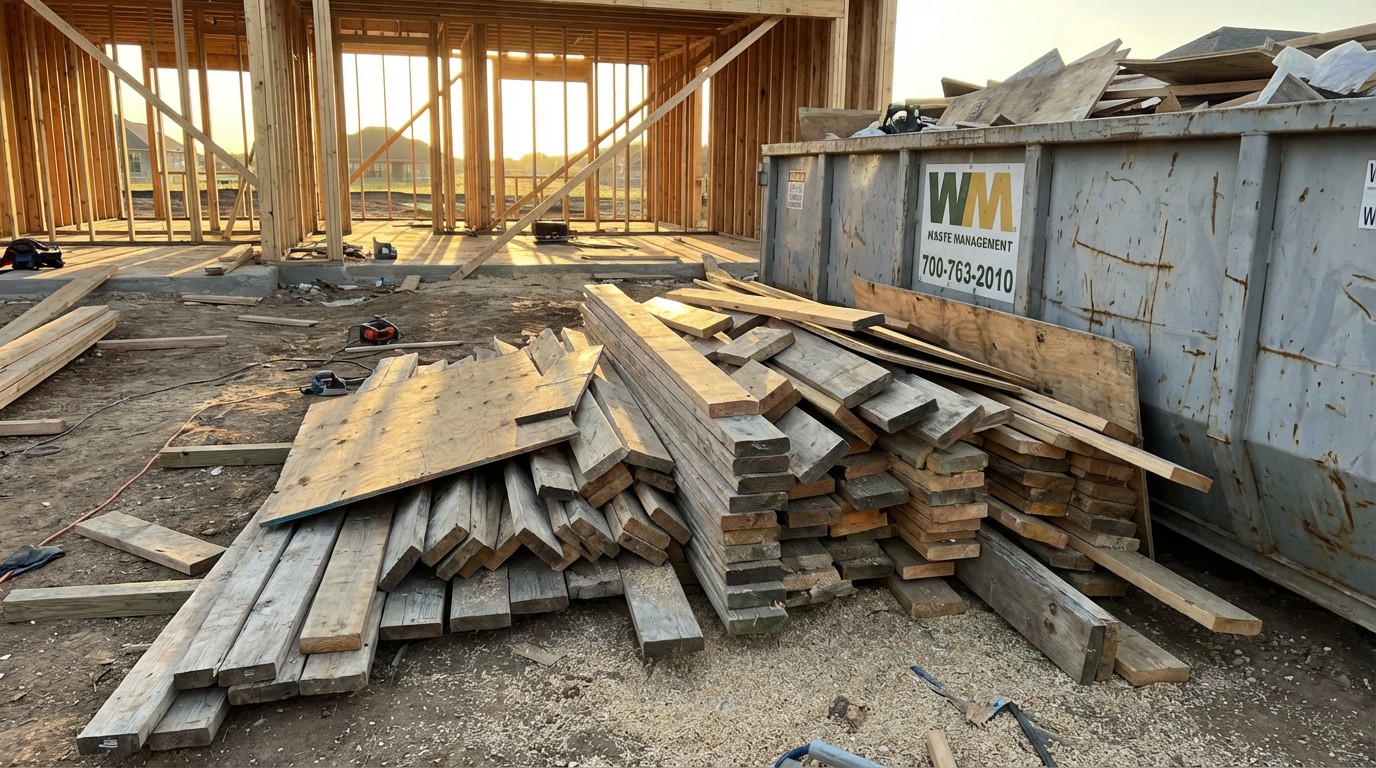 Stacks of dimensional lumber offcuts piled next to a residential framing site dumpster, morning light casting long shadows across the waste pile