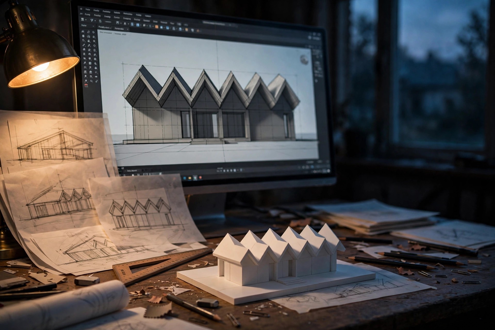 Architectural elevation rendering on a monitor beside hand-drawn sketches and a scale model, half the desk lit warm, half in shadow