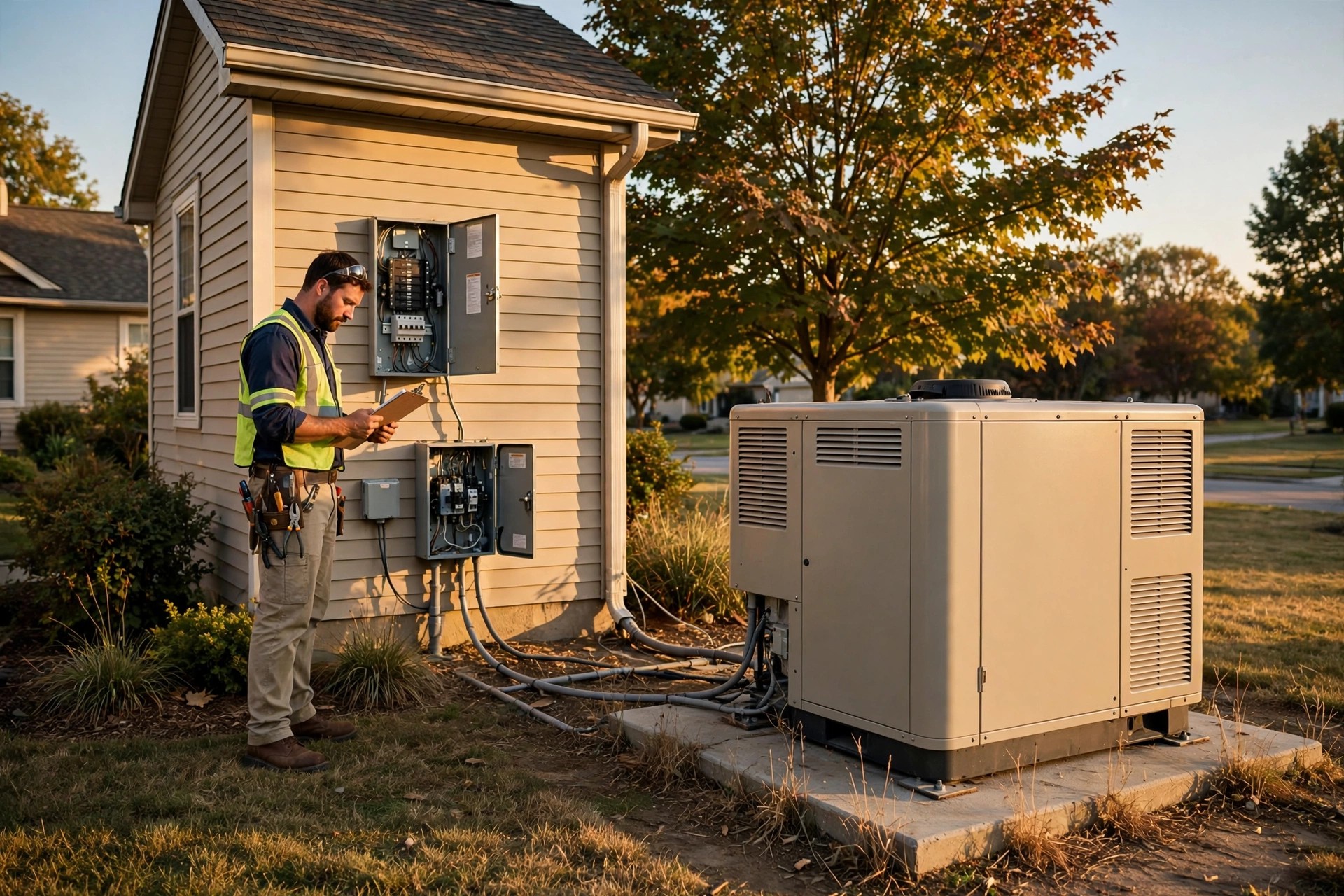 Home standby generator on a concrete pad beside a suburban house while an electrician with a clipboard works at the open electrical panel