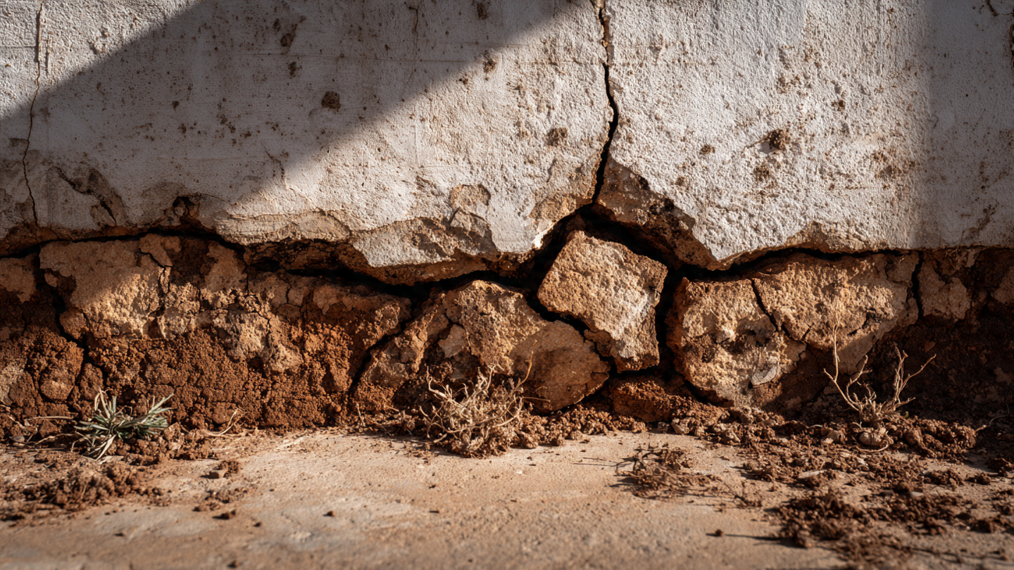 Close-up of cracked residential concrete foundation with dried, cracked expansive clay soil visible in a gap between the foundation and earth