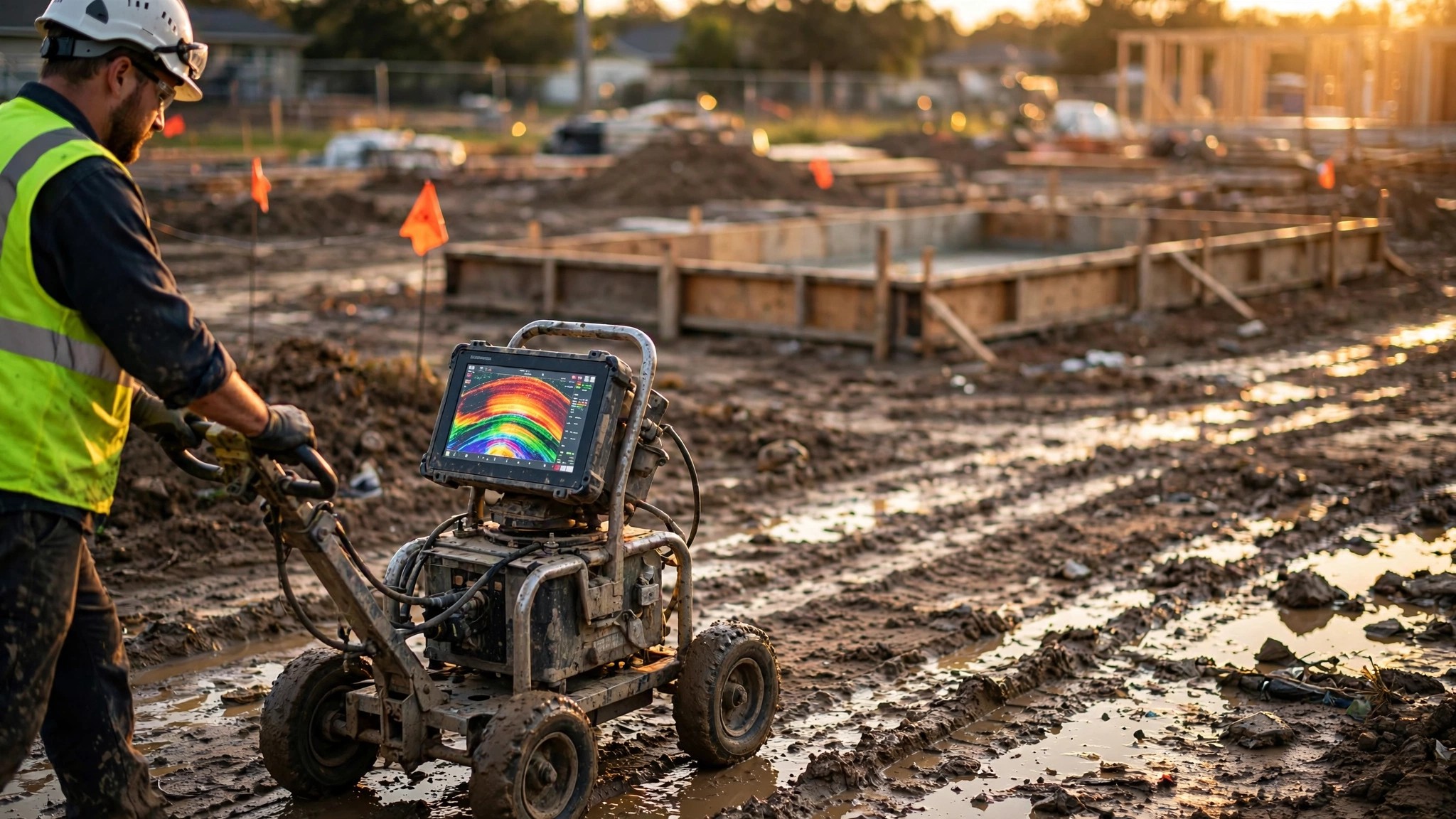 A ground-penetrating radar unit being pushed across a muddy residential construction lot with orange utility flags and fresh foundation forms in the background