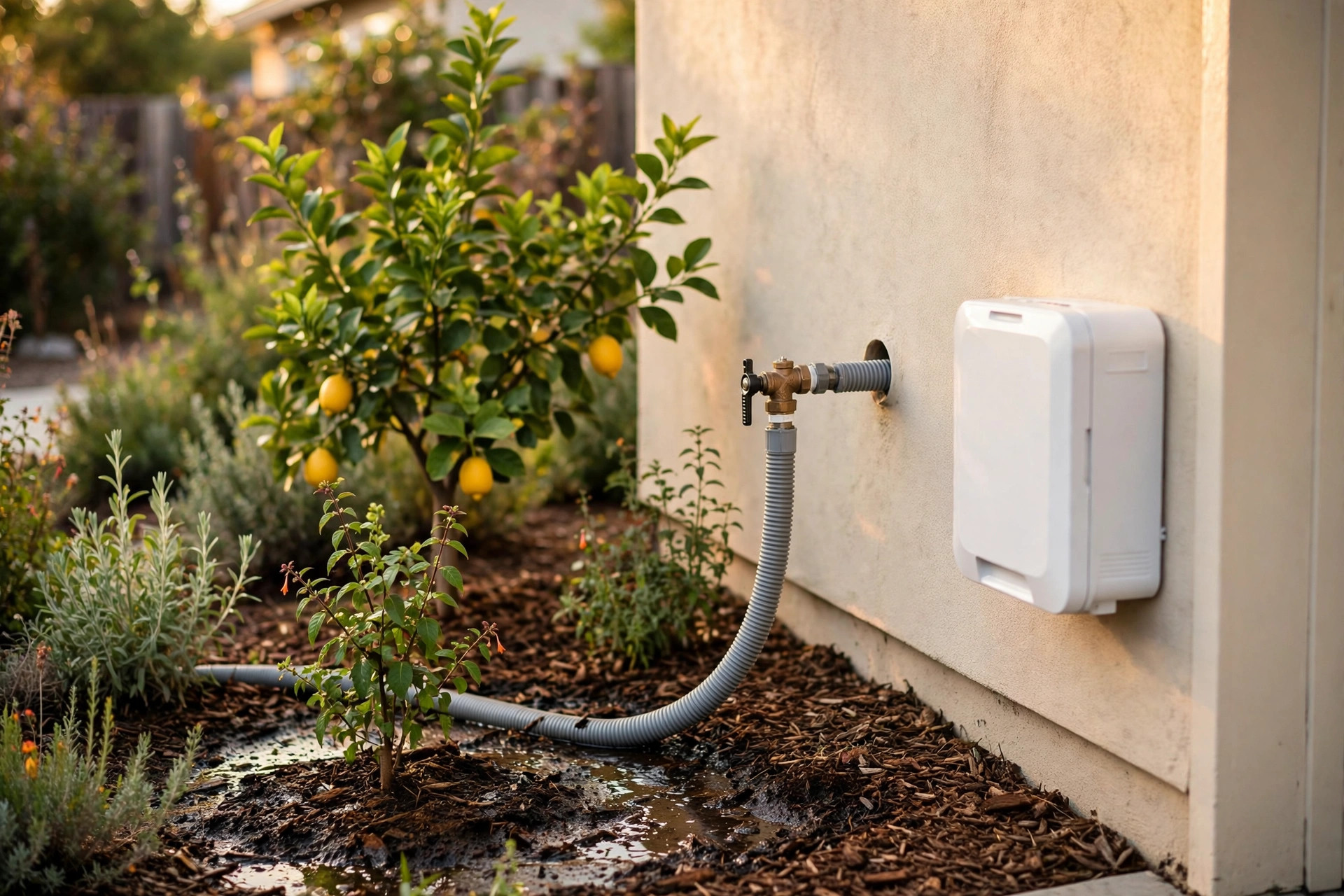 A laundry-to-landscape graywater diverter valve on a California home's exterior wall, with a hose carrying wash water out to a mulched lemon tree bed, warm afternoon light