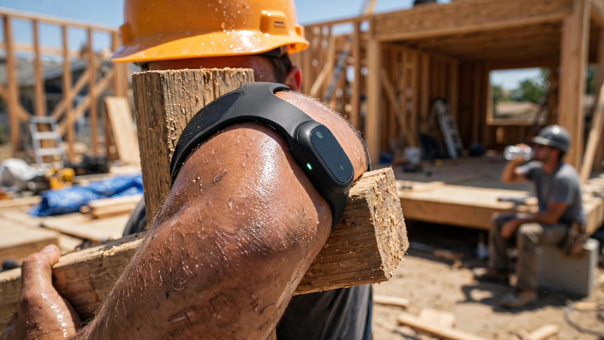 Construction worker in high-vis vest and hard hat wiping sweat on a rooftop jobsite under harsh midday sun
